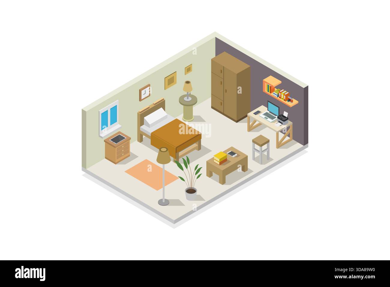 Isometric bedroom illustrated in vector on white background Stock Vector