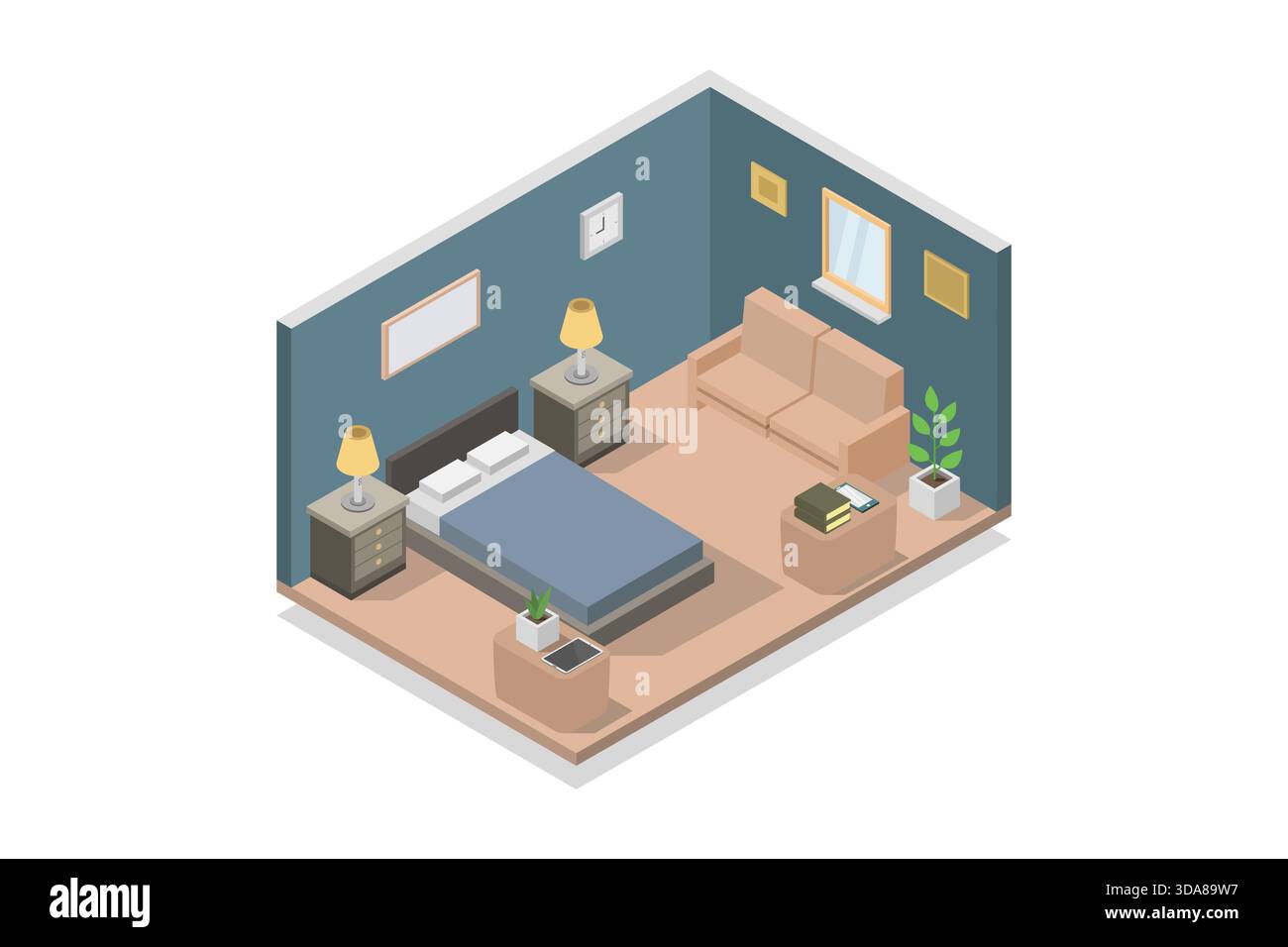 Isometric bedroom illustrated in vector on white background Stock Vector