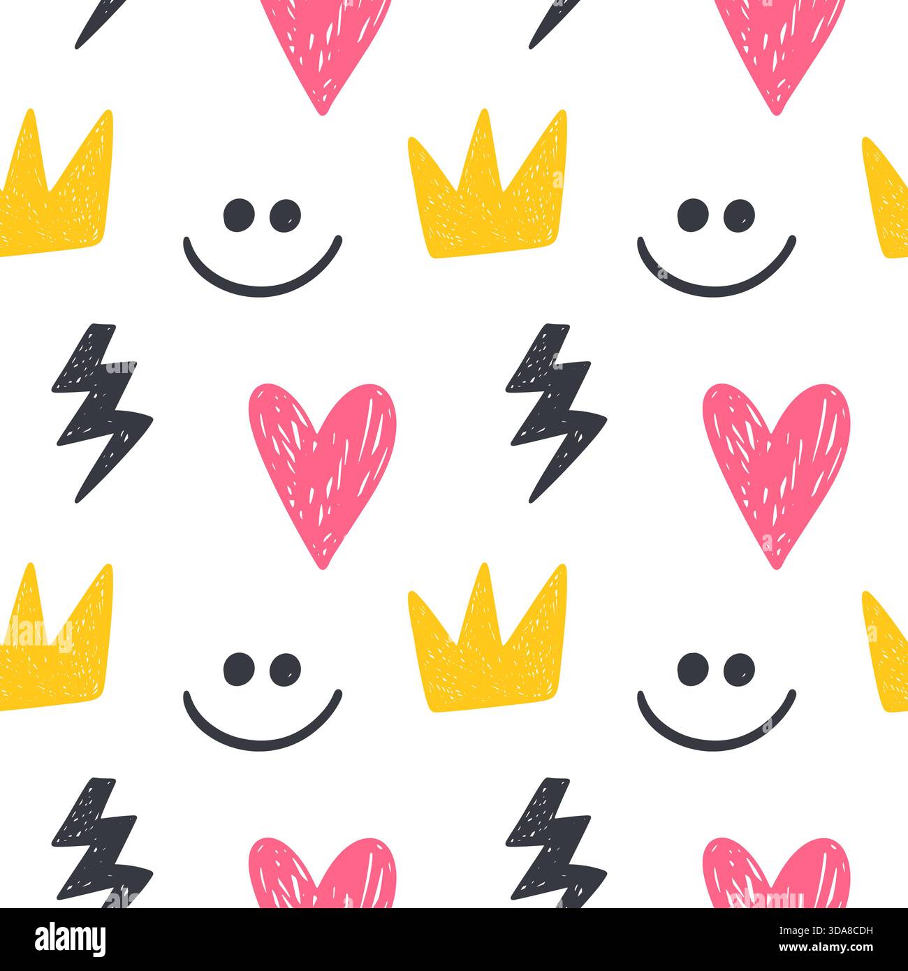 Smile face, flash, crown scribble seamless pattern Stock Vector