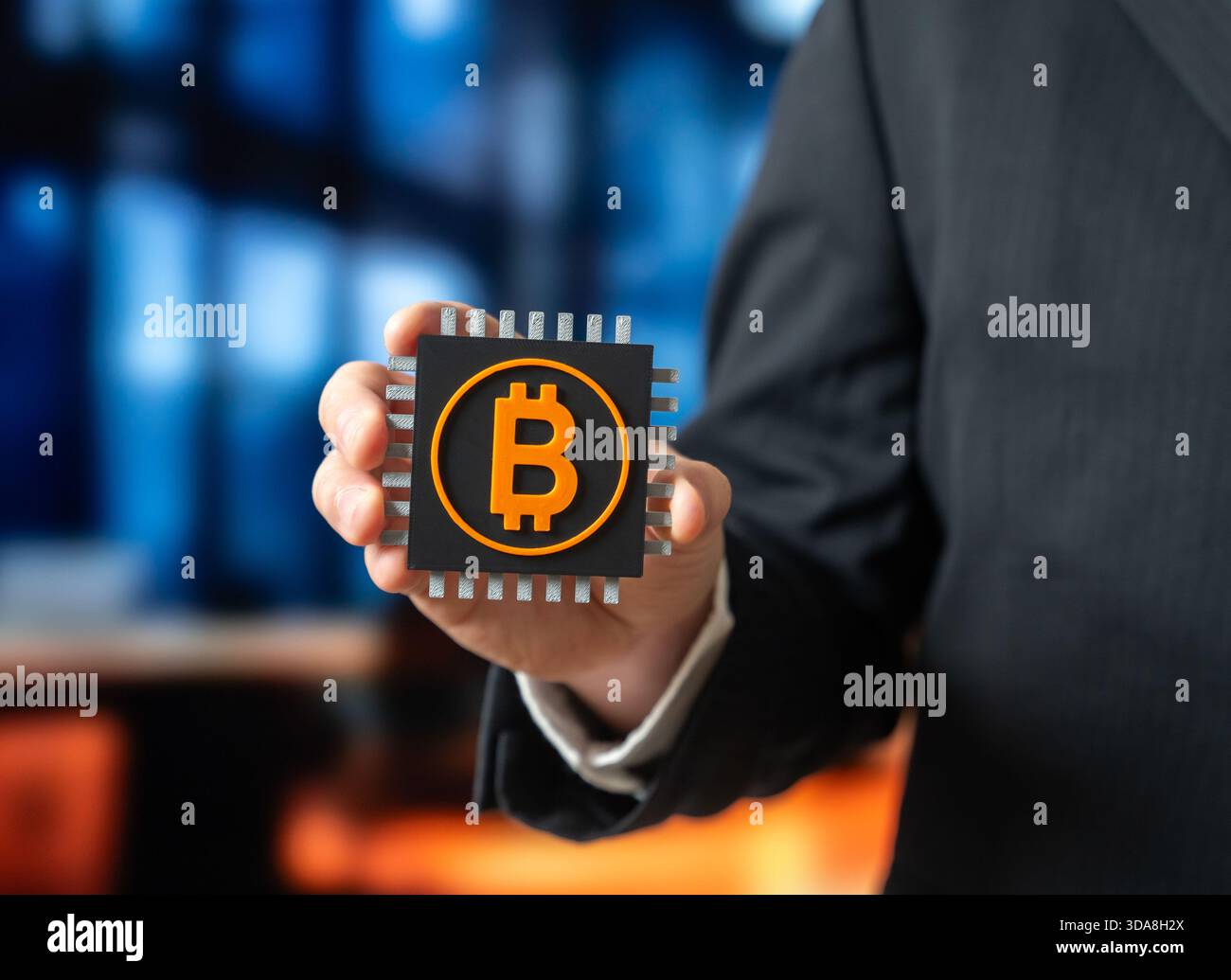 A Bitcoin microchip in the hands of a businessman. The cryptocurrency  mining industry. Blockchain infrastructure and digital asset technology. Crypto  Stock Photo - Alamy