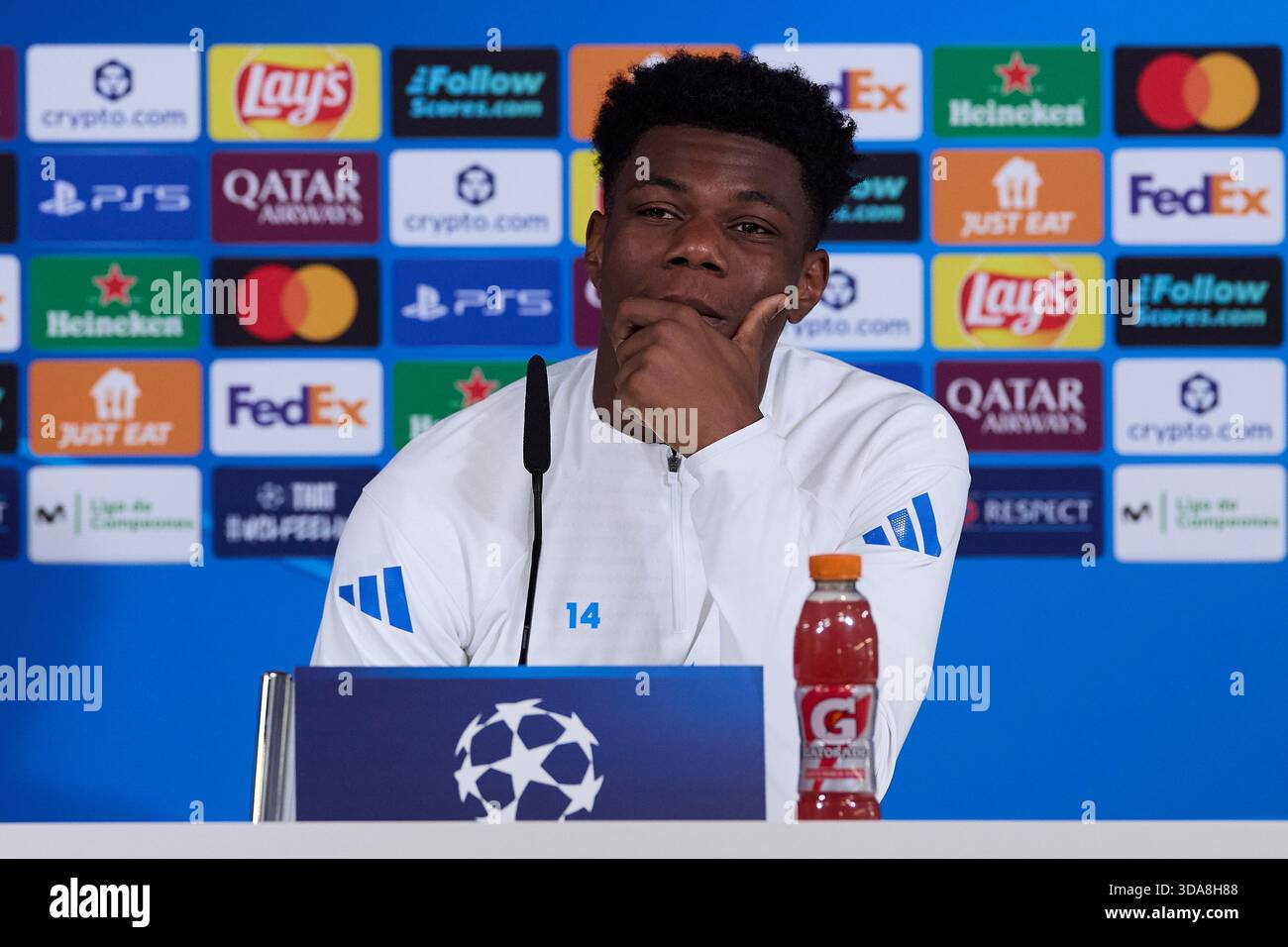 Madrid, Spain. 09th Dec, 2025. Aurelien Tchouameni of Real Madrid CF  attends a press conference on the eve of the UEFA Champions League  2025/2026 at Ciudad Real Madrid. Credit: SOPA Images Limited/Alamy