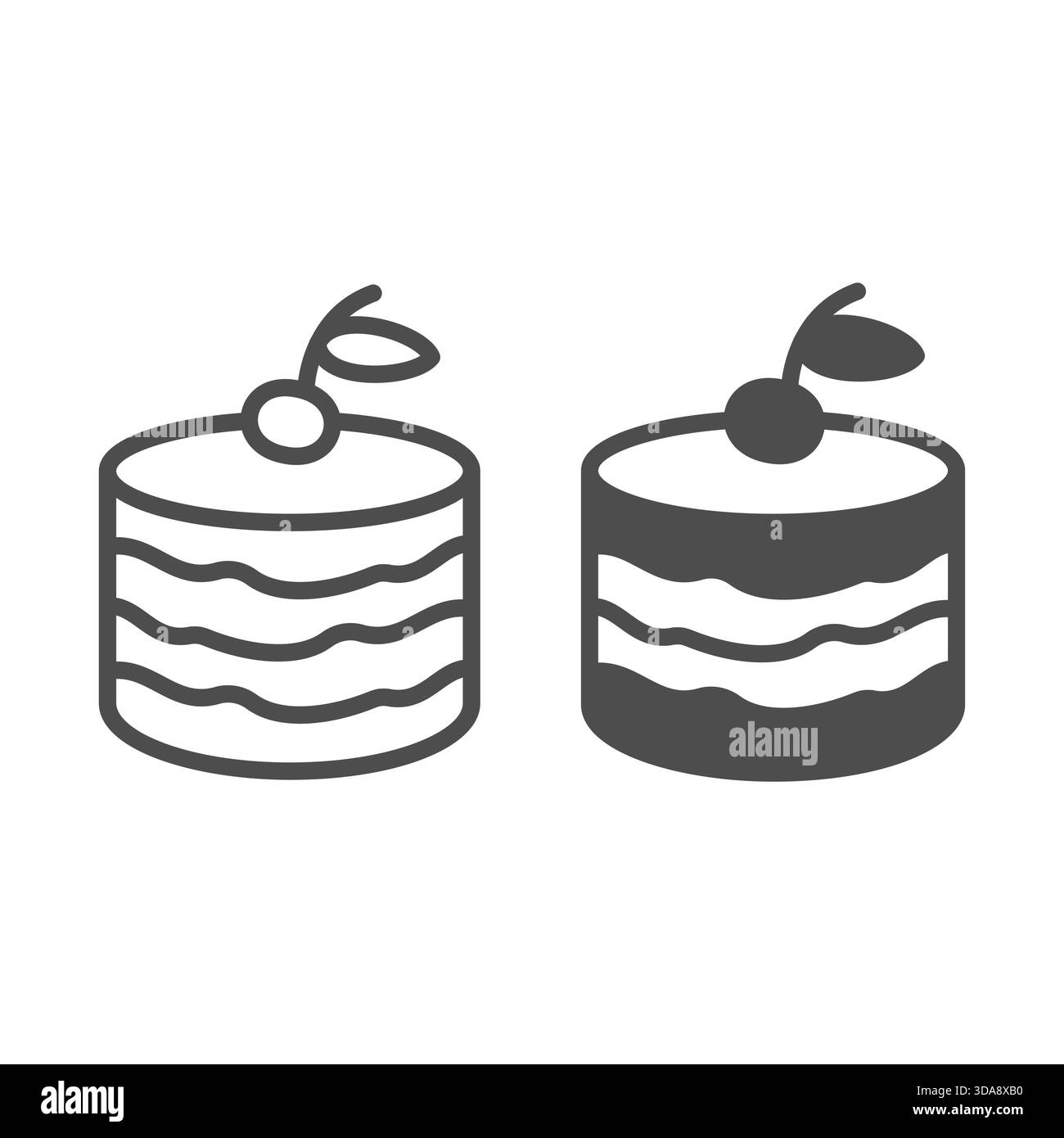 Puff cream cake line and solid icon, desert sweets concept. Vector graphics. Delicious cake with cherry sign on white background, outline style icon f Stock Vector