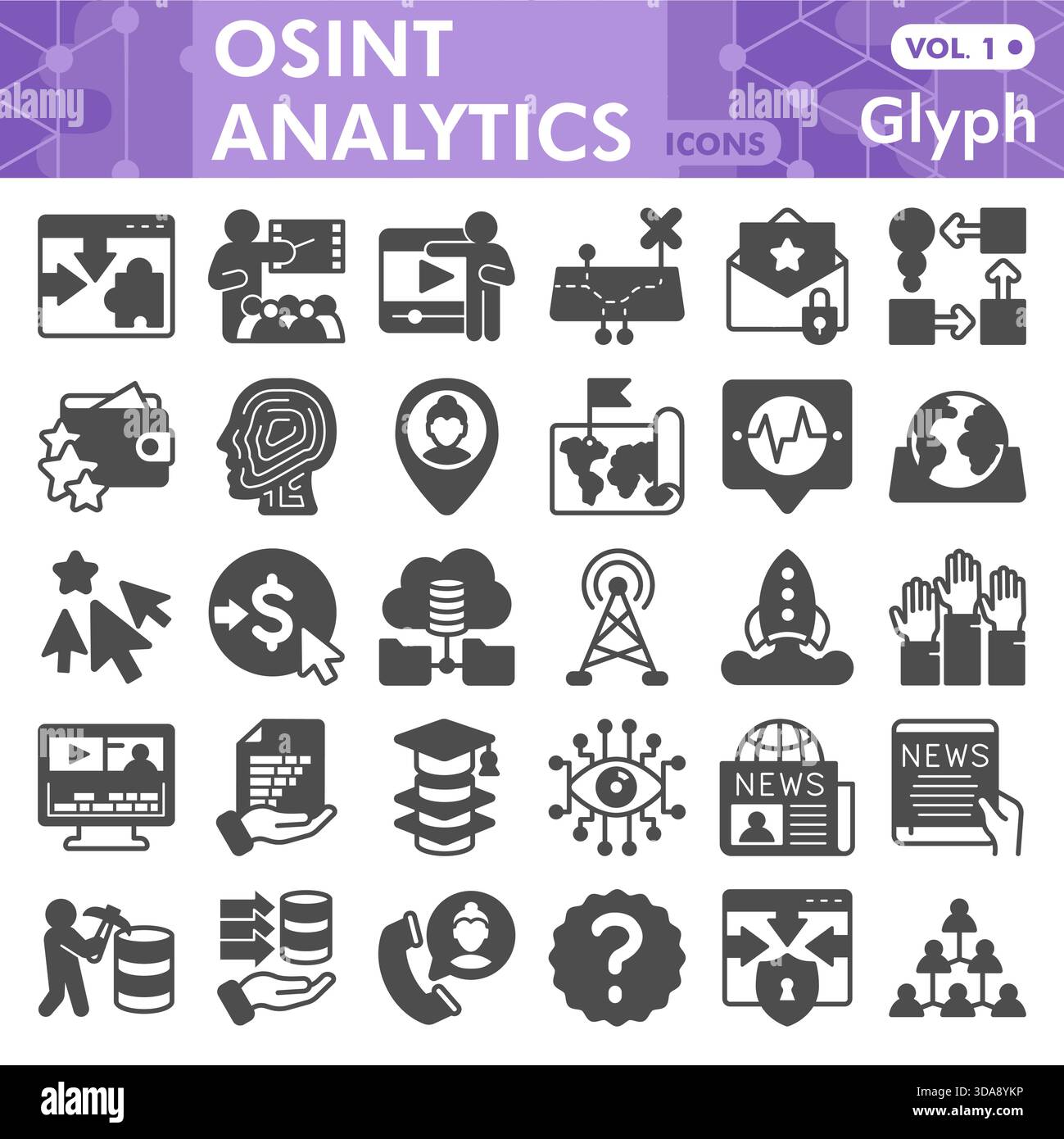 Osint analytics symbols collection or sketches, open source data theme with glyph style signs for web and app. Vector graphics isolated on white backg Stock Vector