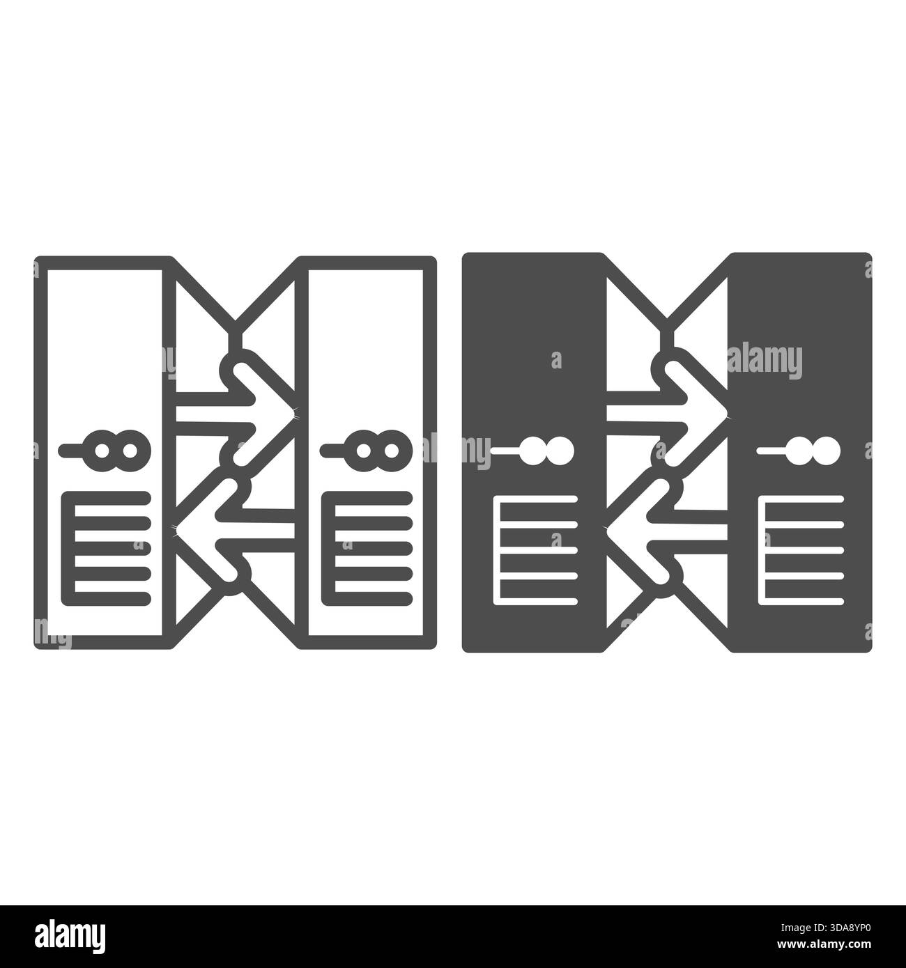 Two servers line and solid icon, info tech concept. Vector graphics. Computer cases with arrows between, data exchange sign on white background, outli Stock Vector