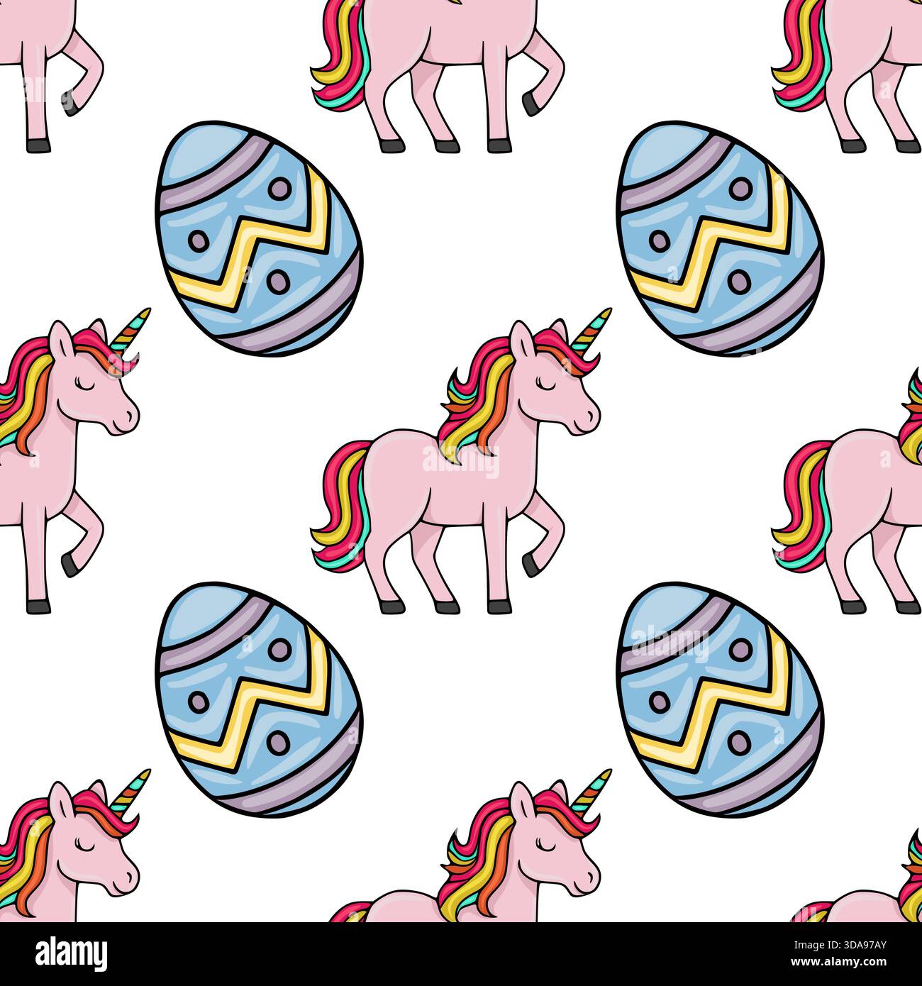 Seamless repeating vector pattern featuring whimsical pink unicorns with vibrant rainbow manes and colorful decorated Easter eggs, ideal for spring ho Stock Vector