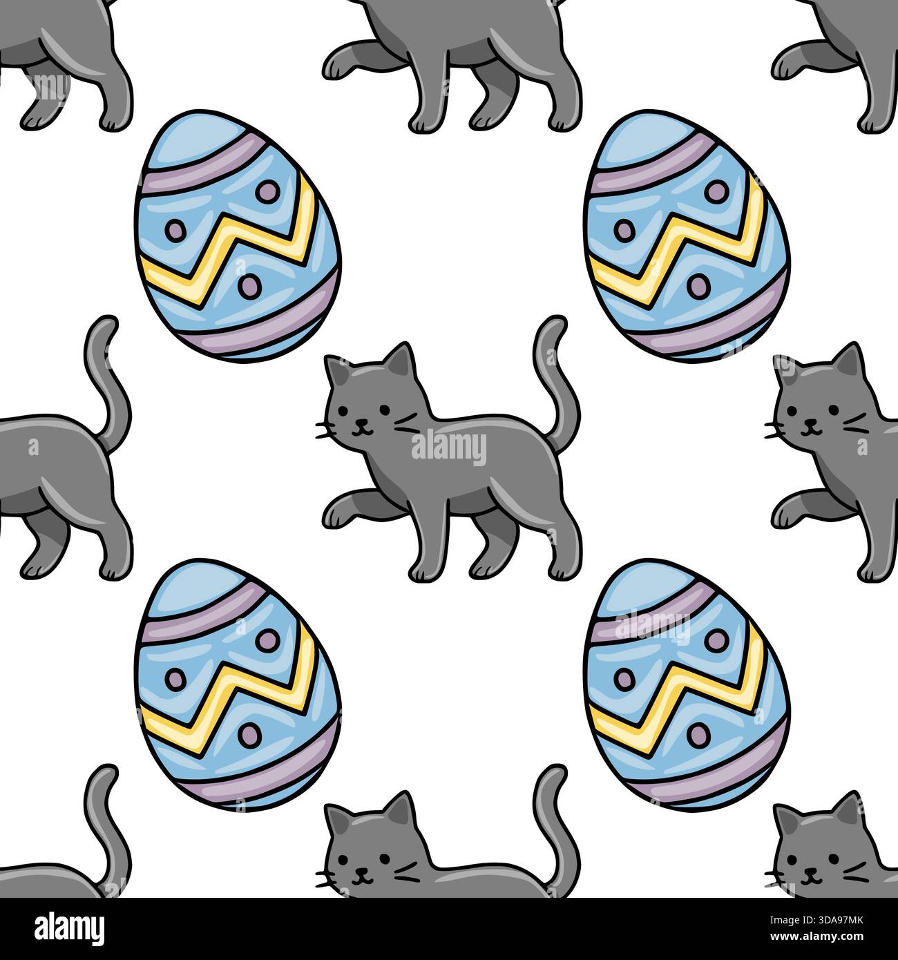 Seamless vector pattern of playful grey cats interacting with decorated Easter eggs in a whimsical, flat illustration style. Stock Vector