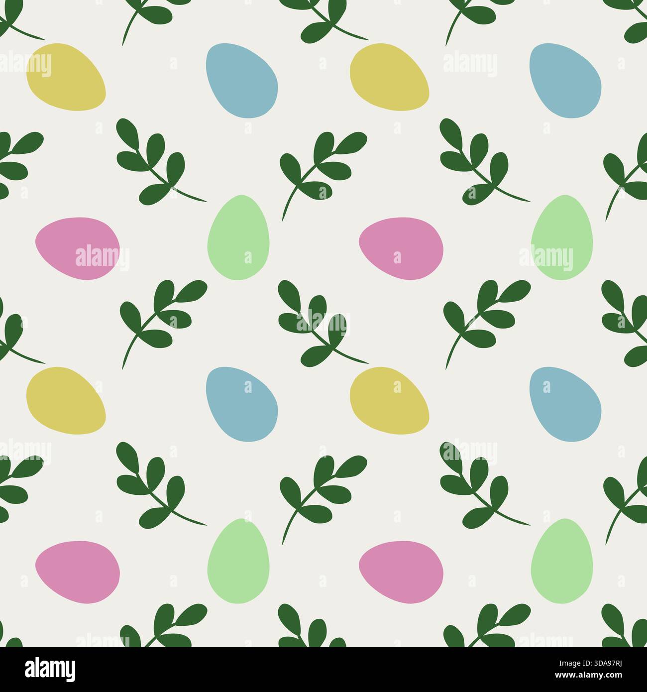 Seamless vector pattern of pastel Easter eggs and green sprigs on a Cloud Dancer background. Stock Vector