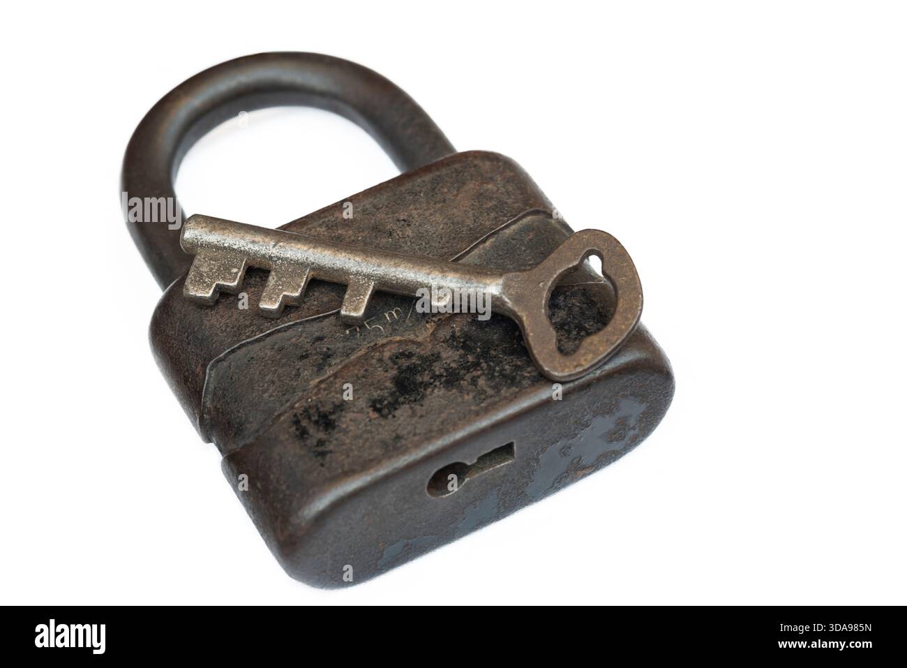Rusty Old Padlock with Key, Isolated on White Background Stock Photo