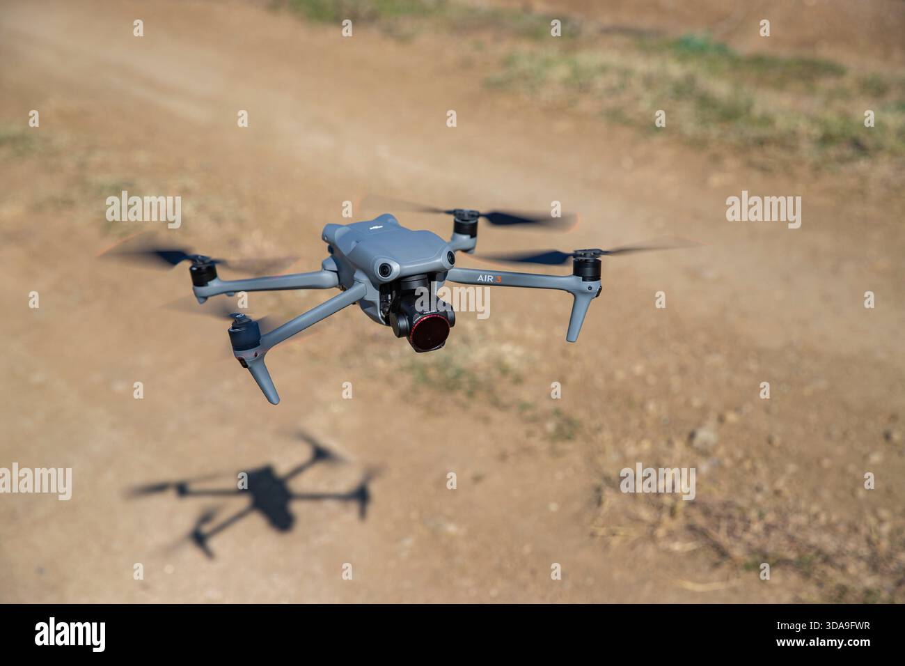 Editorial image showing a close-up view of a DJI Air 3 drone. The ...