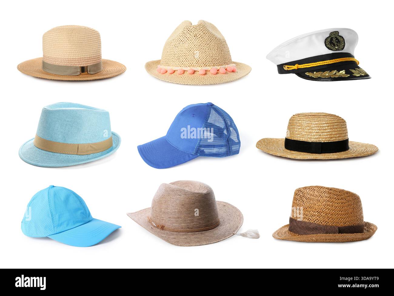 Set of different hats isolated on white Stock Photo