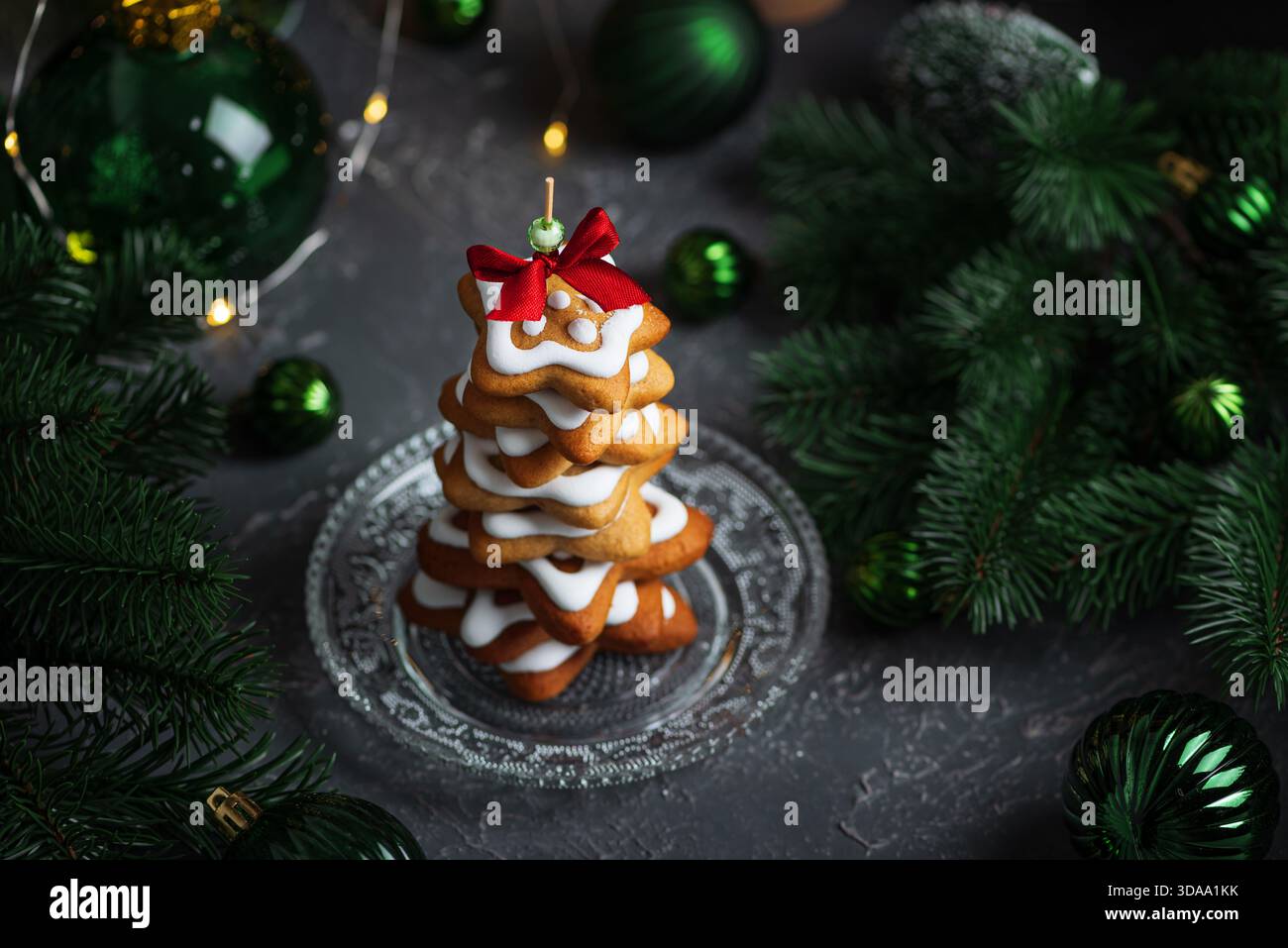 Christmas Tree Cookie Stack with Icing and Ornaments Stock Photo