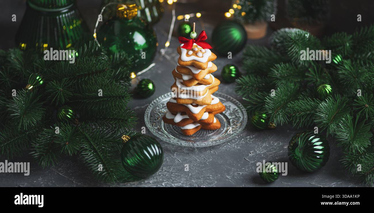 Christmas Tree Cookie Stack with Icing and Ornaments Stock Photo