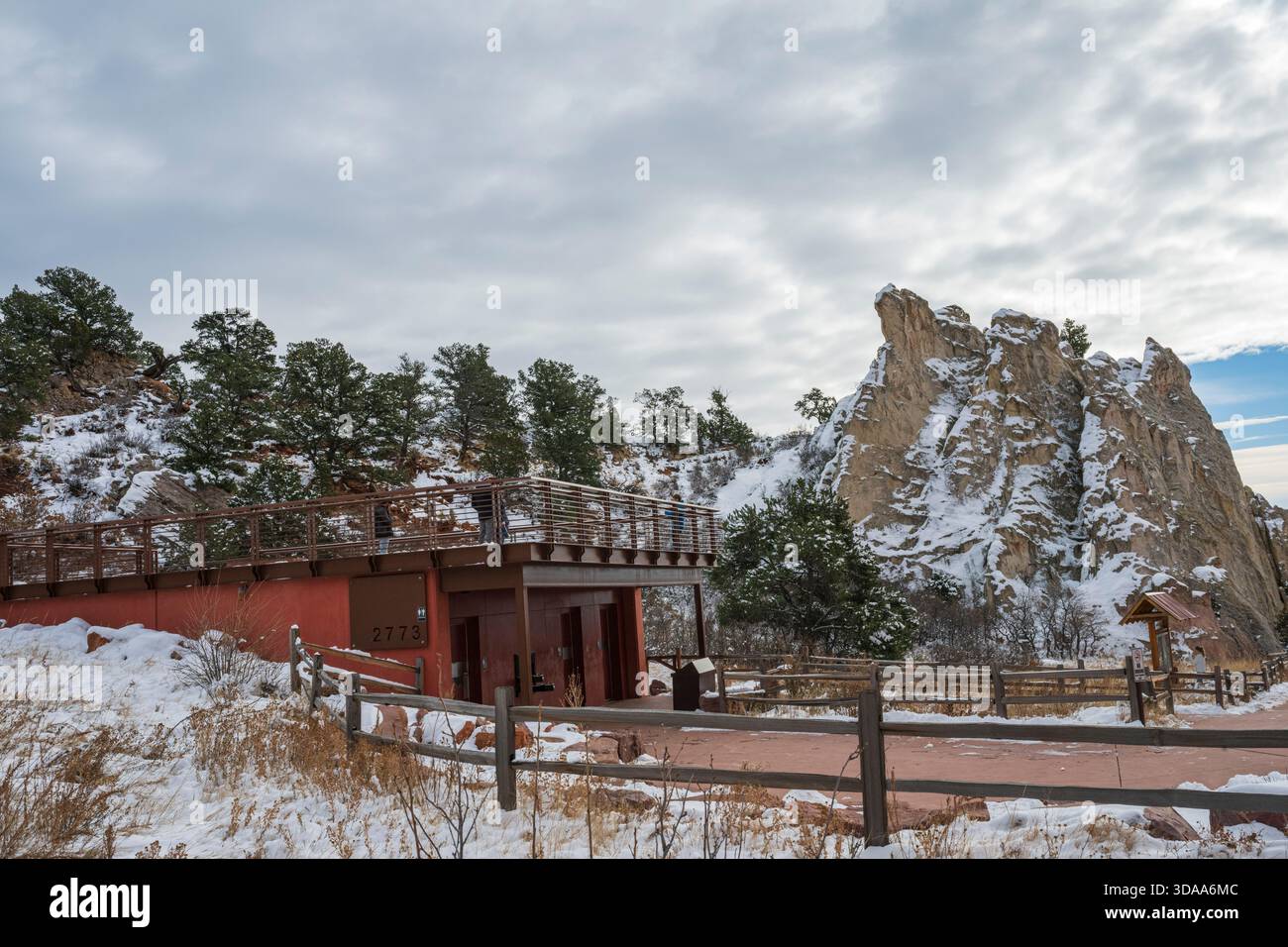 Observation Deck and White Rocks in winter landscape at Garden of the Gods Park n Colorado Springs, CO. Stock Photo