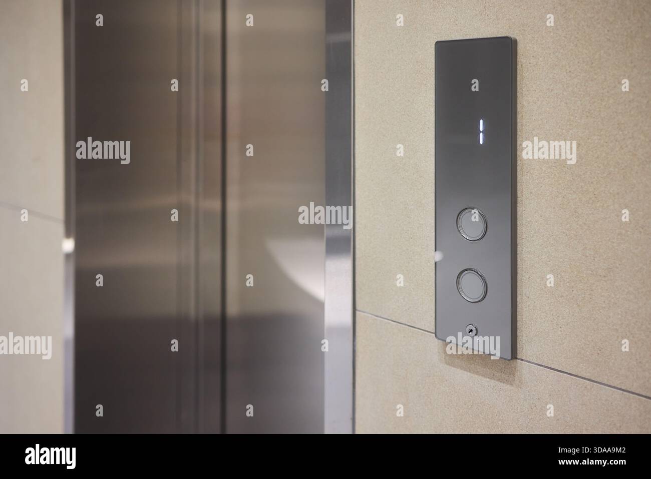 High-tech elevator panel featuring tactile buttons and illuminated screen, Advanced elevator interface showcasing touch sensitive controls alongside Stock Photo