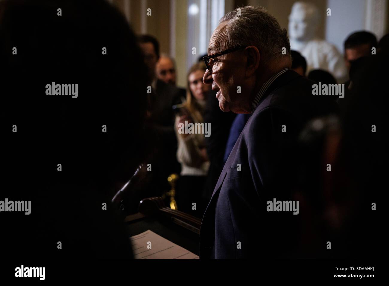 Senate Minority Leader Chuck Schumer (D-NY) speaks during a press ...