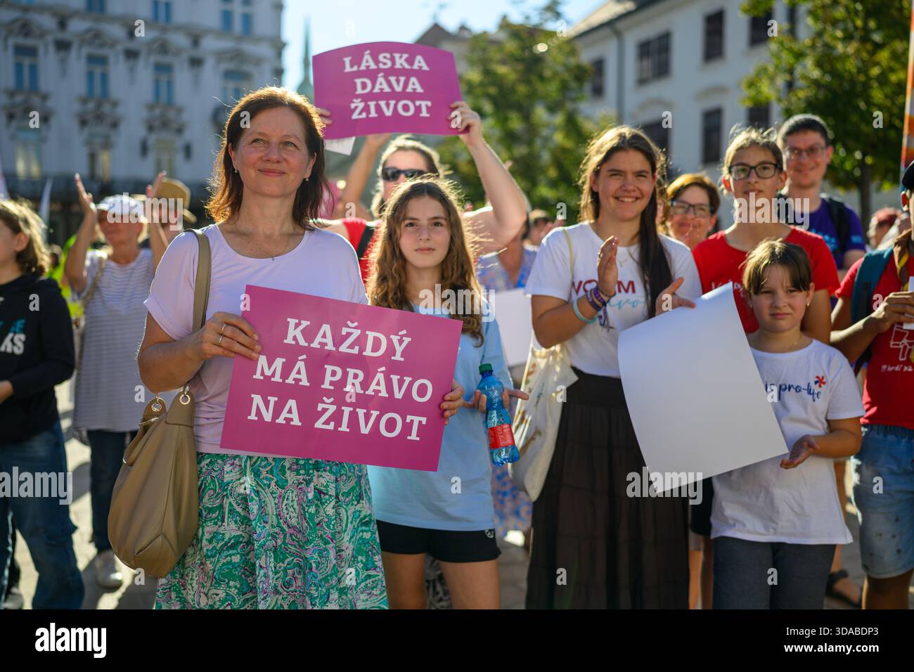 March for Life in Bratislava, Slovakia. 'Každý má právo narodiť sa' [Everyone has the right to life], 'Láska dáva život' [Love gives life]. - Stock Image