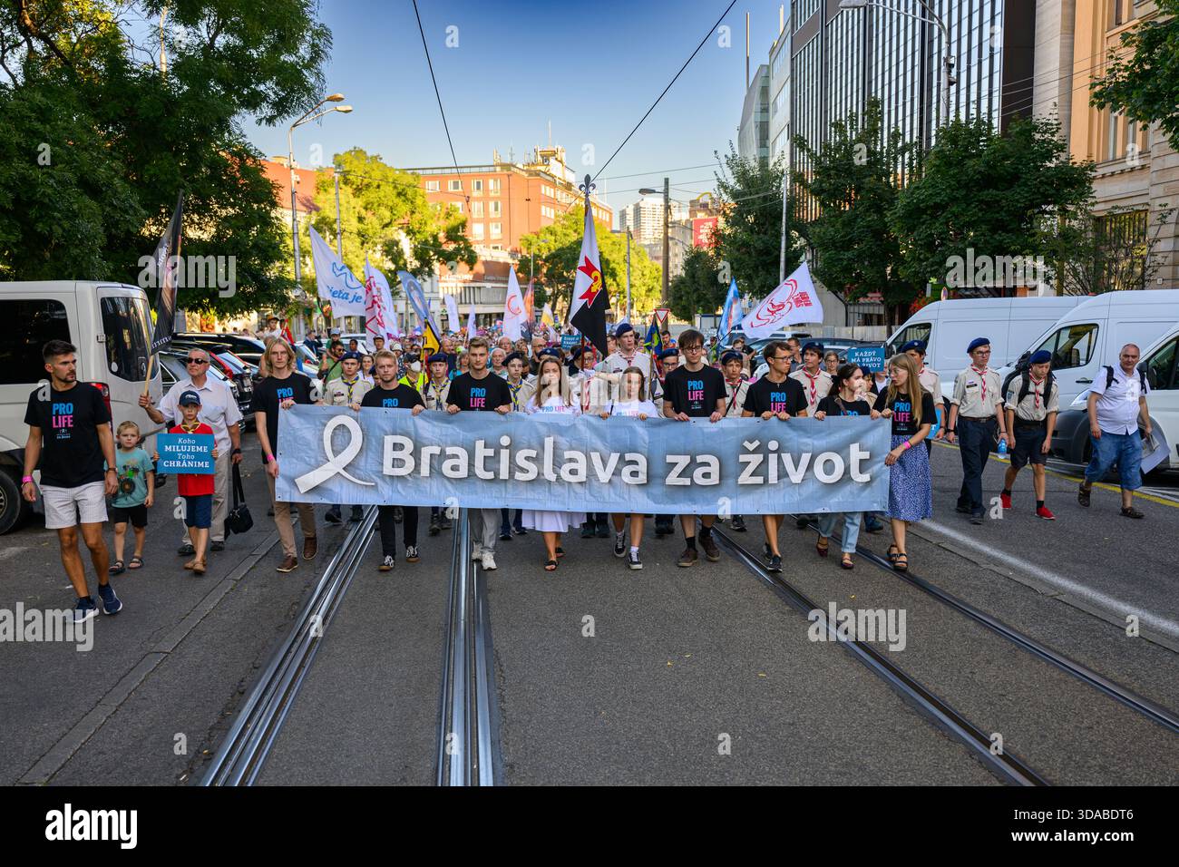 March for Life procession moving through the streets of Bratislava, Slovakia. - Stock Image
