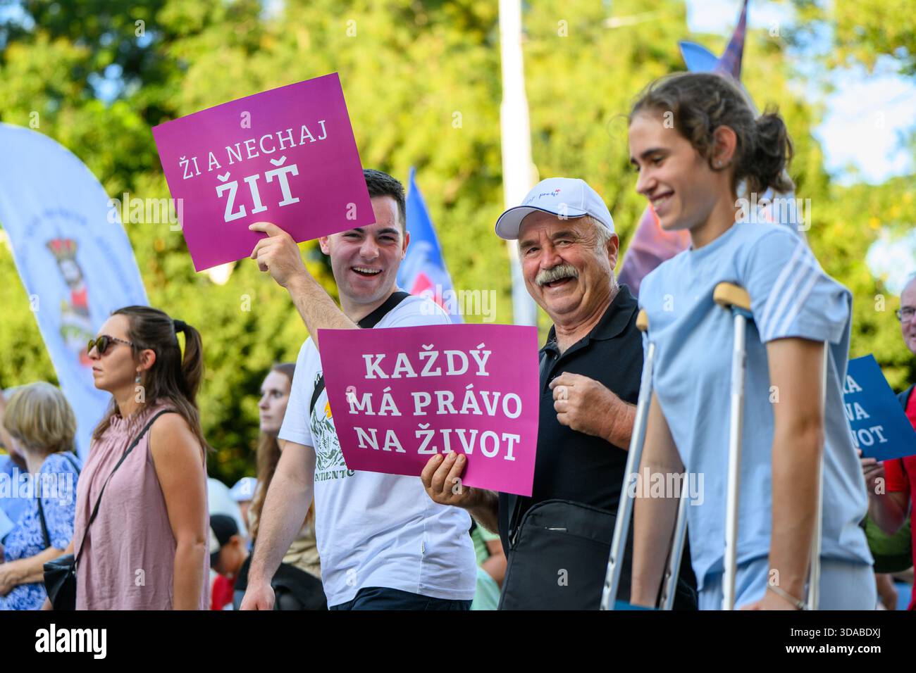 March for Life procession in Bratislava, Slovakia. 'Ži a nechaj žiť' [Live and let live], 'Každý má právo narodiť sa' [Everyone has the right to life]. - Stock Image