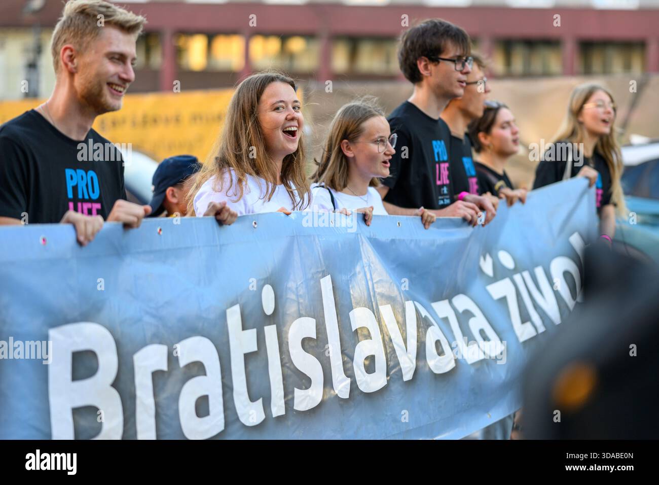 March for Life procession moving through the streets of Bratislava, Slovakia. - Stock Image
