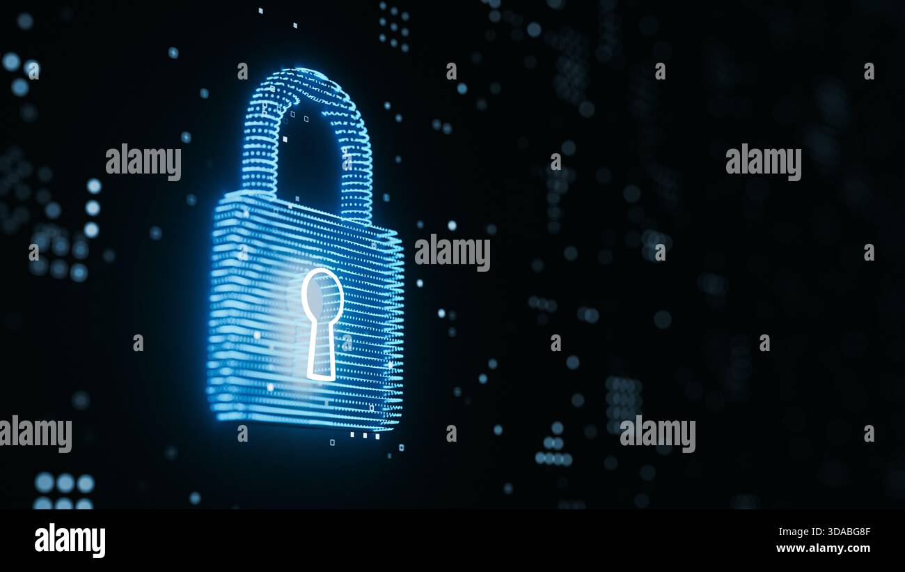 Abstract Digital Padlock Blue Glowing Data Points Security Copy Space. 3d rendering Stock Photo
