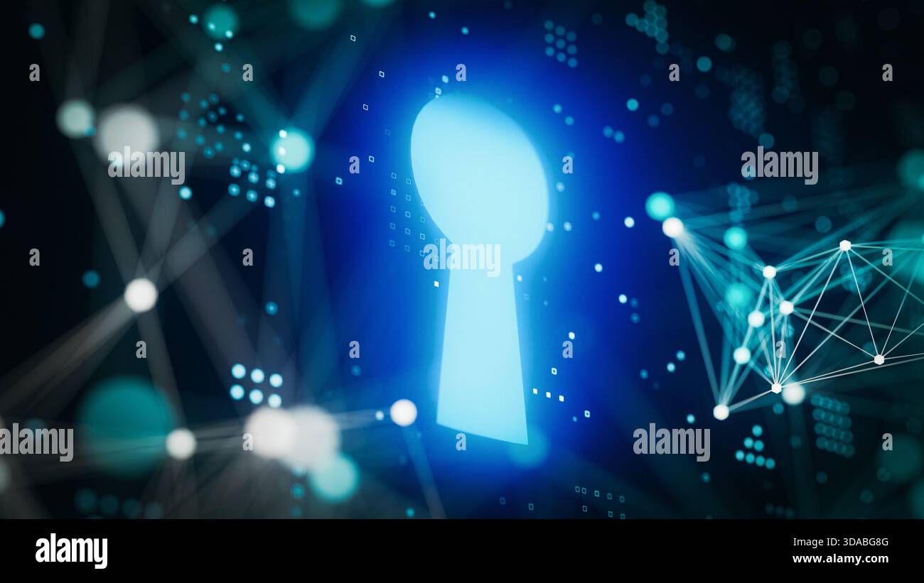 Glowing Digital Keyhole With Network Connection Data Background. 3d rendering Stock Photo