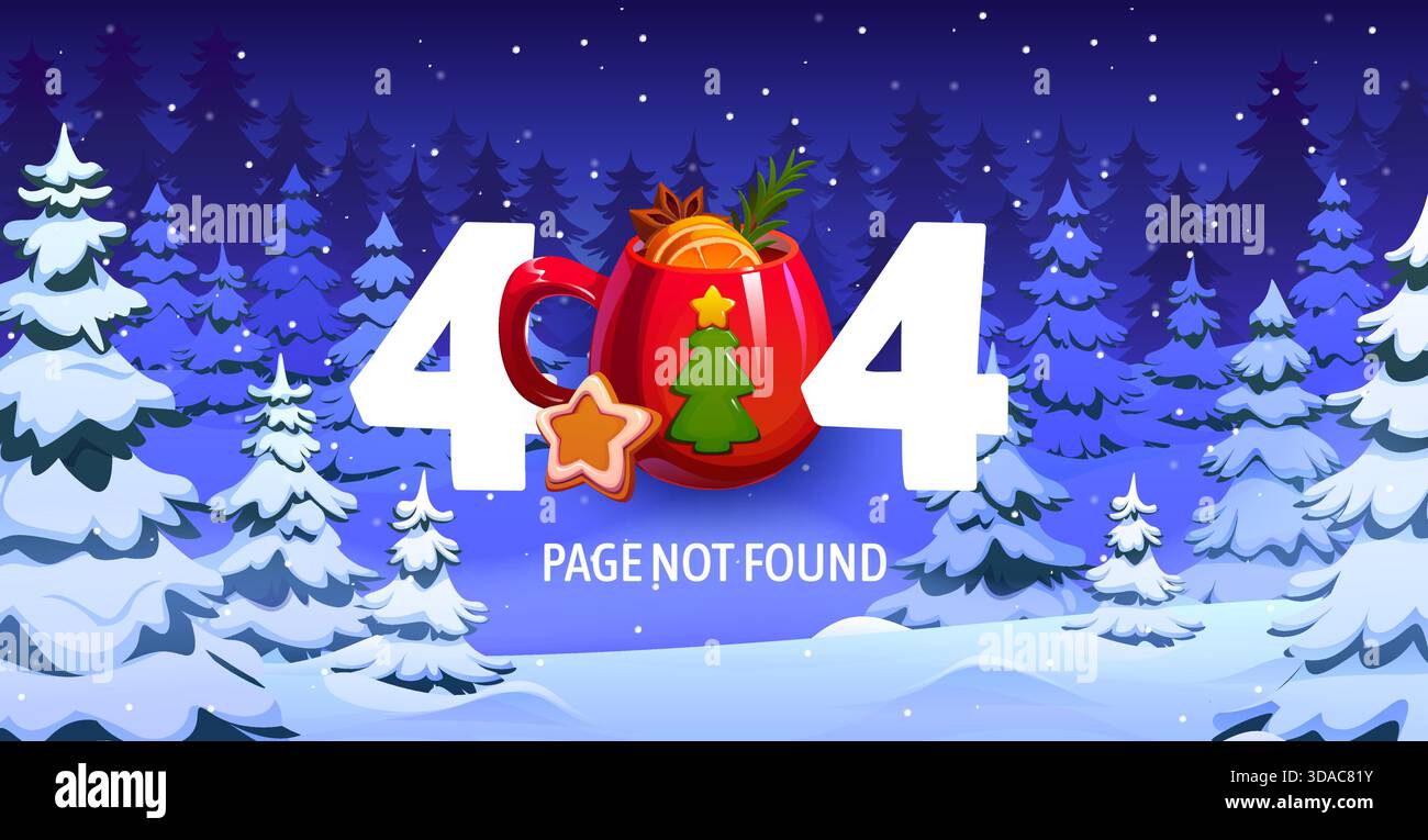 Christmas 404 page not found error, winter forest Stock Vector