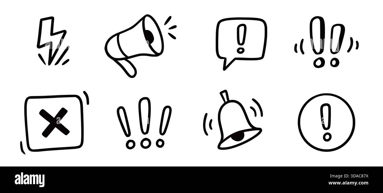 Doodle attention sign icon set. Hand drawn caution signs, warning marks ...