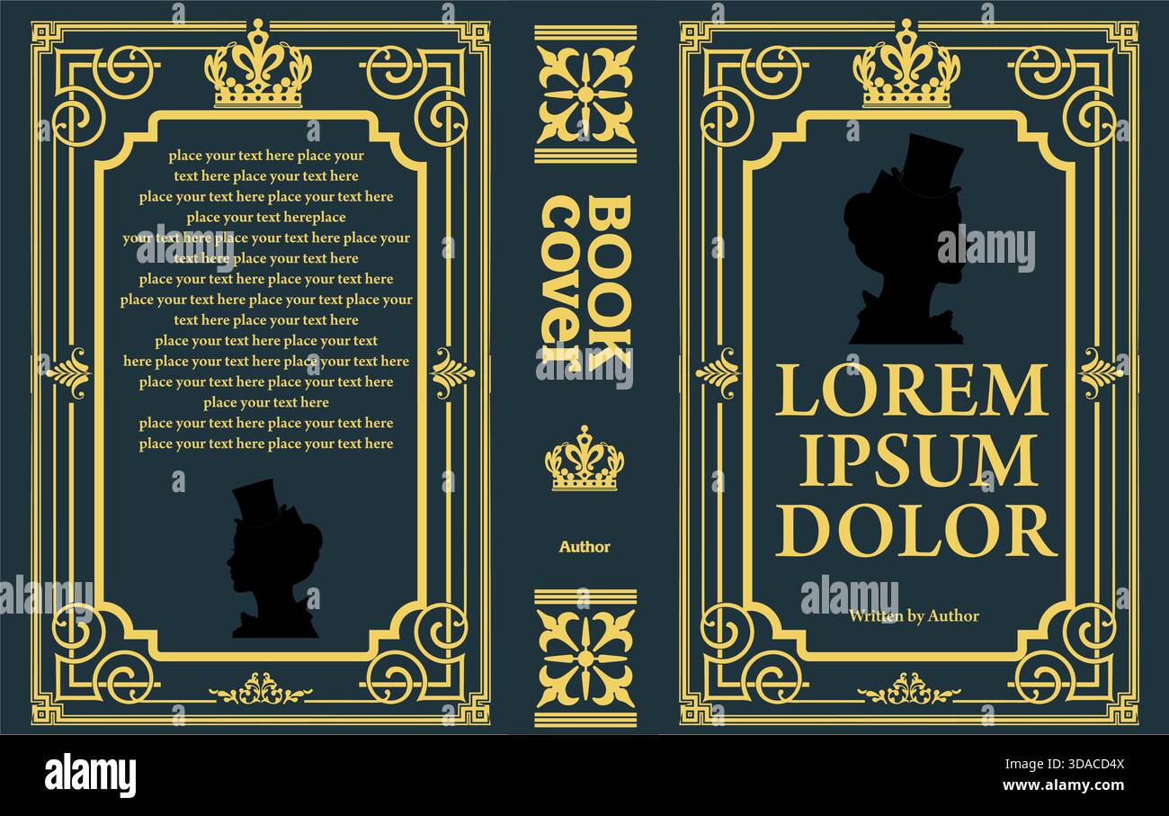 Book cover template featuring elegant golden frames and a woman wearing ...