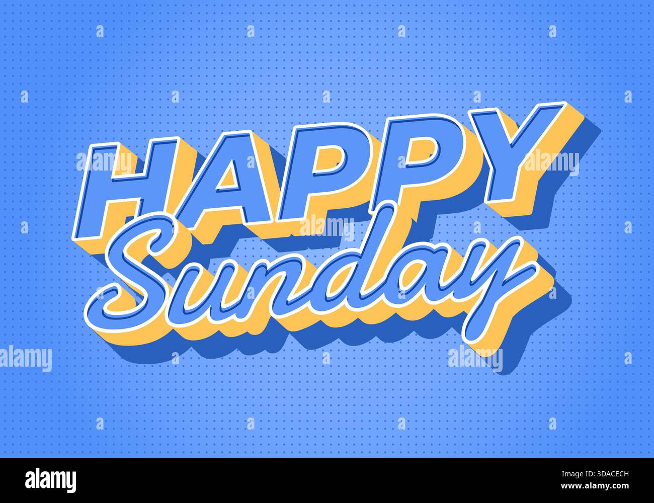 3D text design with Happy Sunday on a blue dotted background. - Stock Image