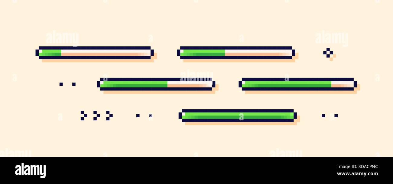 Pixel art loading game scale. Five green life process bars. Stock Vector