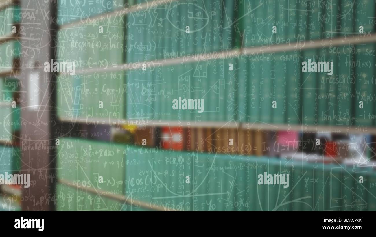 Green Formula Math Books Green books are lining wooden shelves with overlaid math formulas in ...