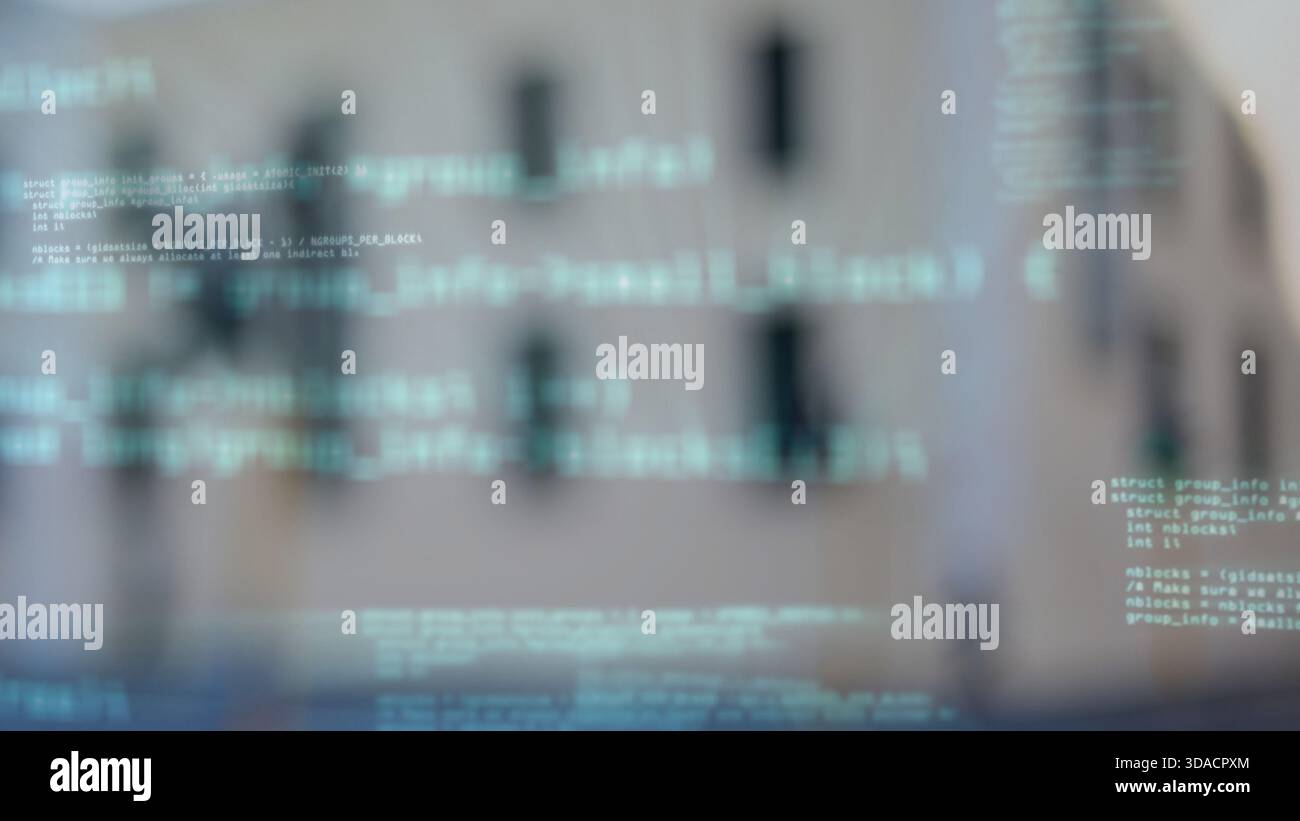 Floating code text overlay is hovering in flat design over facade with dark windows in technology Stock Photo