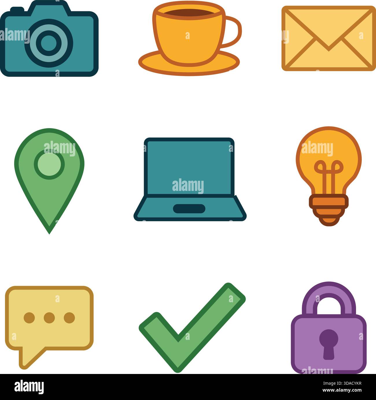 Nine square user interface icons including camera cup mail pin laptop bulb chat check and lock. Stock Vector
