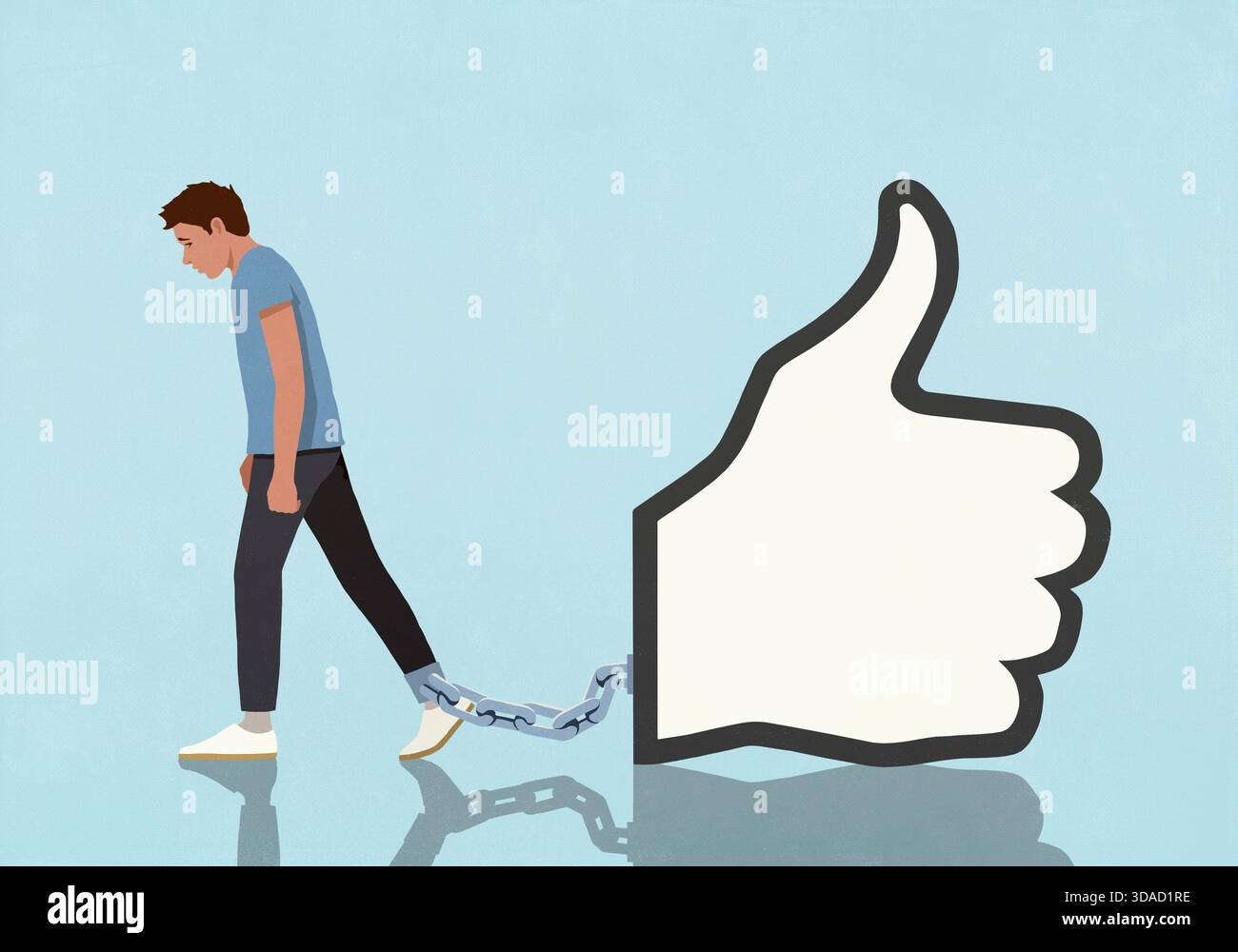 Social media thumbs up like button icon shackled to ankle of dejected ...