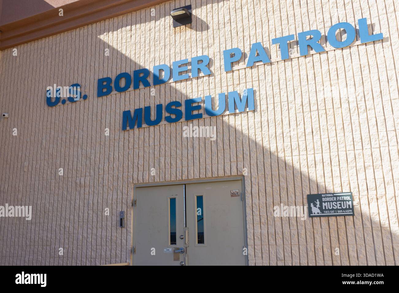 Outside the U.S. Border Patrol Museum building with sign and entrance doors in El Paso, Texas, USA Stock Photo