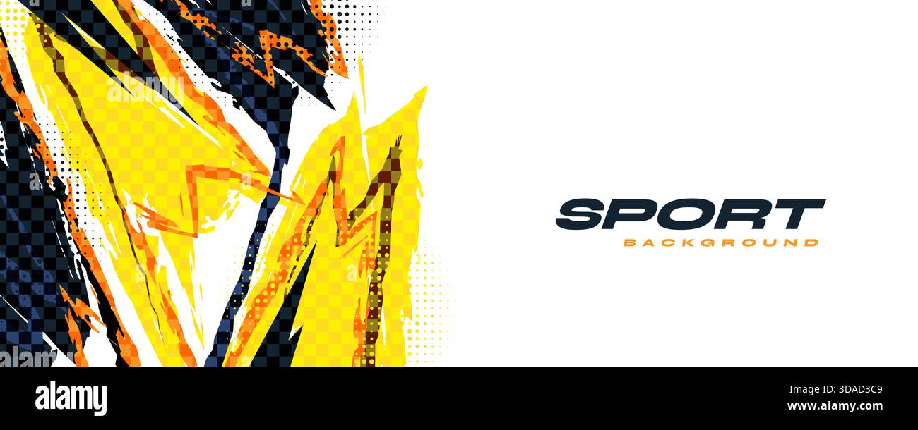 Dynamic Sport Banner Template with Blue, Orange and Yellow Brush Strokes and Halftone Pattern on White Background Stock Vector