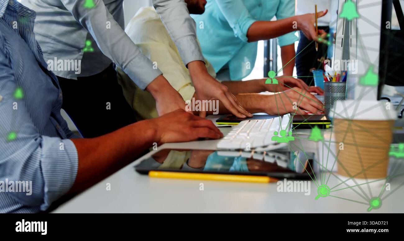 Three Professionals Collaborating Three professionals are collaborating on flat design at desk with ...