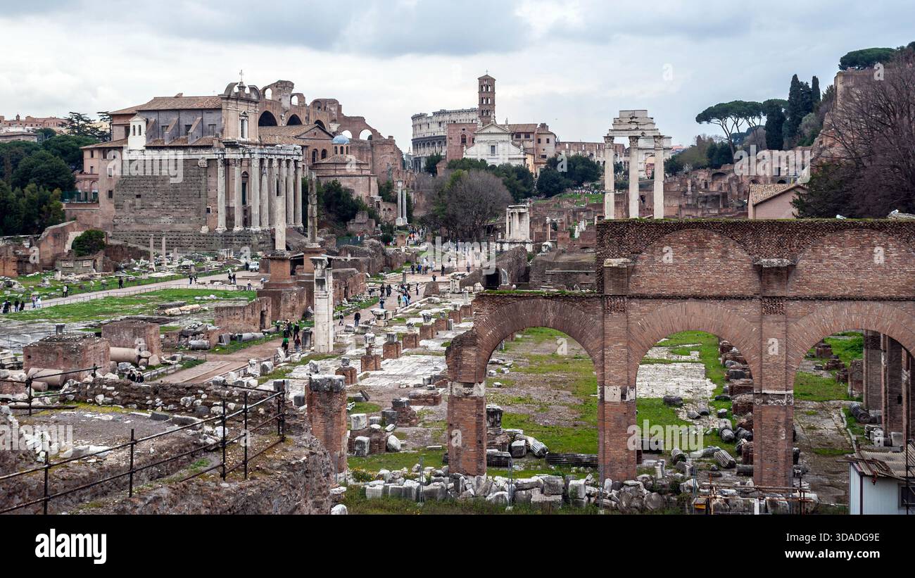 Panoramic view of the extensive archaeological ruins of the Roman Forum ...