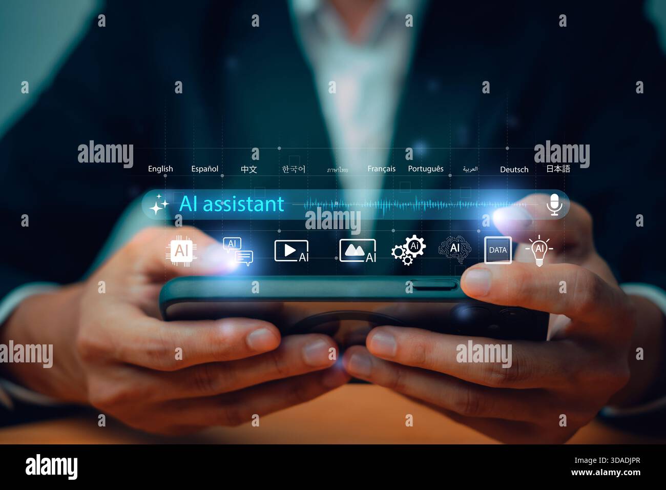 Person using smartphone with AI assistant interface, multilingual support, and smart technology icons, showcasing modern artificial intelligence tools Stock Photo