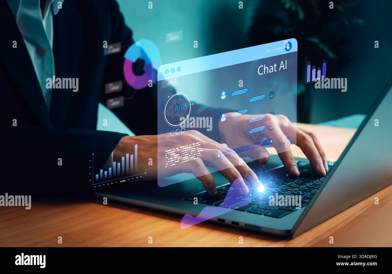 Businessman using laptop with futuristic Chat AI interface, data analytics, and digital technology visualization, representing modern artificial intel Stock Photo