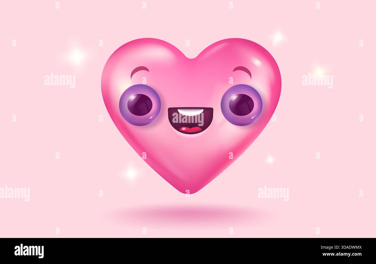 Vector icon of pink heart with cute kawaii face for Valentine's Day in realistic 3d style. Vector realistic banner with cute heart on pink background. Stock Vector