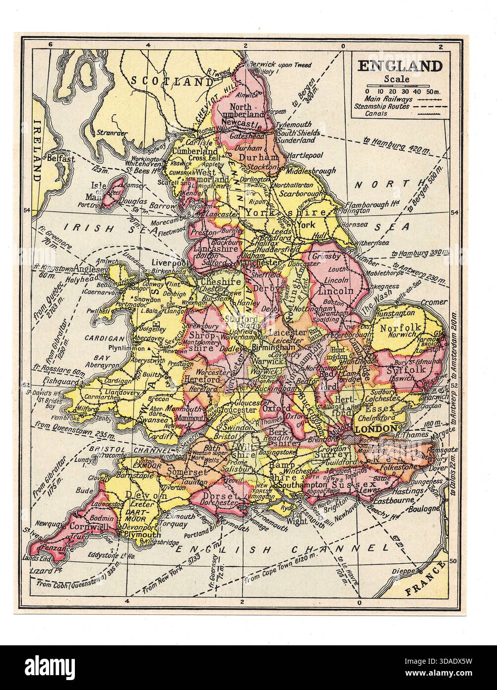 An antique map from early to mid 20th century showing England Stock ...
