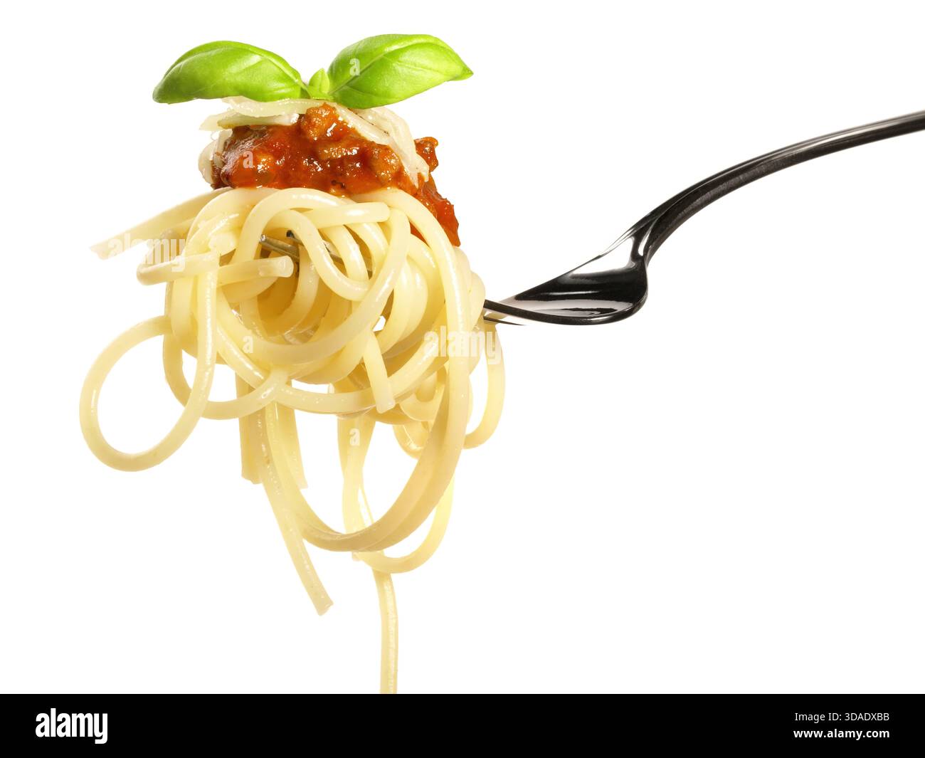 Spaghetti Bolognese Fork - Fast Food on white Background Stock Photo