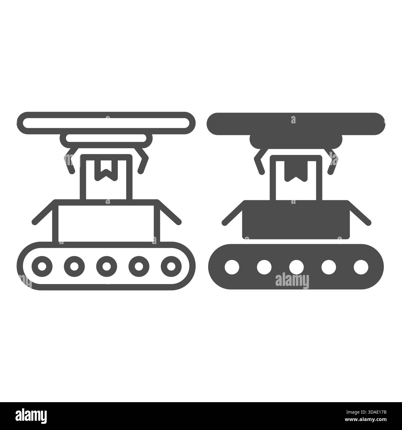 Conveyor with boxes, goods, robotic arm line and solid icon ...