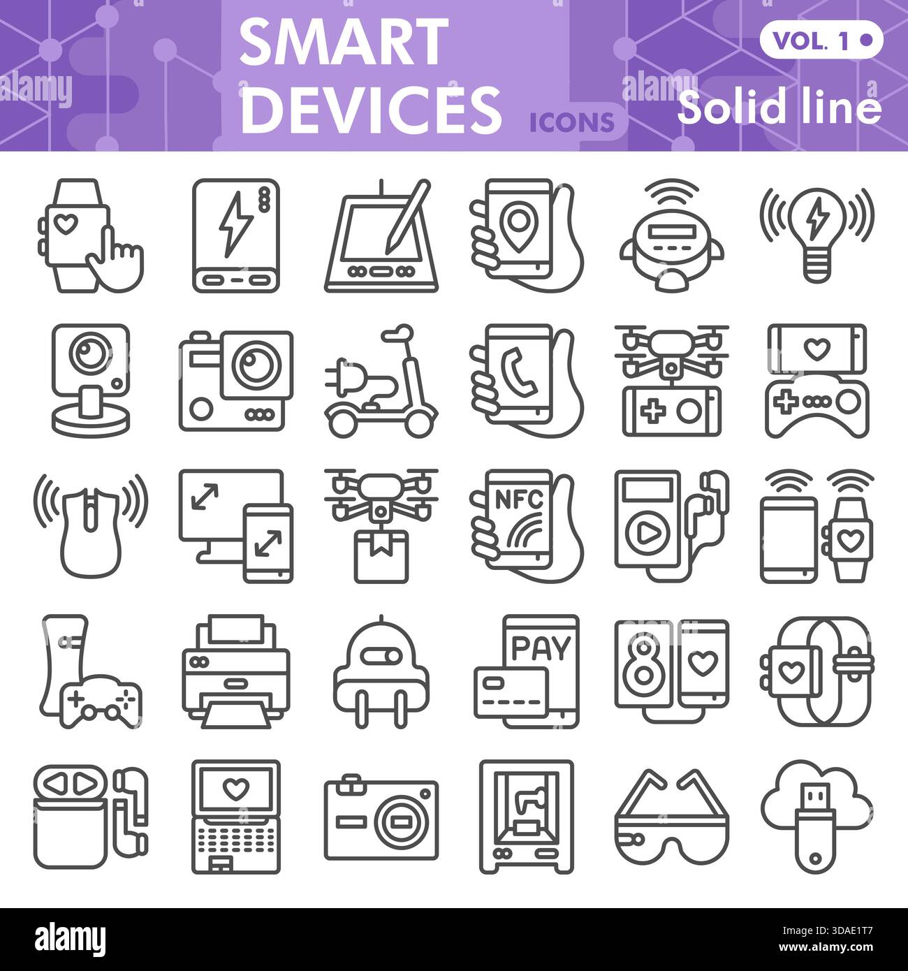 Smart device solid line icon set, portable electronics symbols collection or sketches. Digital equipment linear style signs for web and app. Vector gr Stock Vector