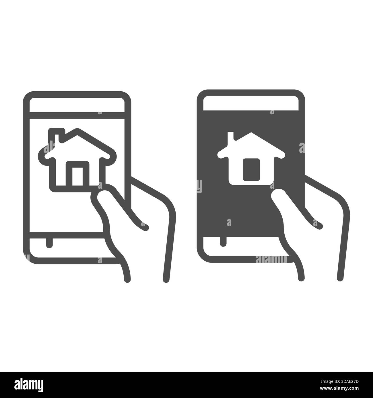 Touchscreen phone, smart home app line and solid icon, using smartphone application concept, device in hand sign on white background, outline style ic Stock Vector
