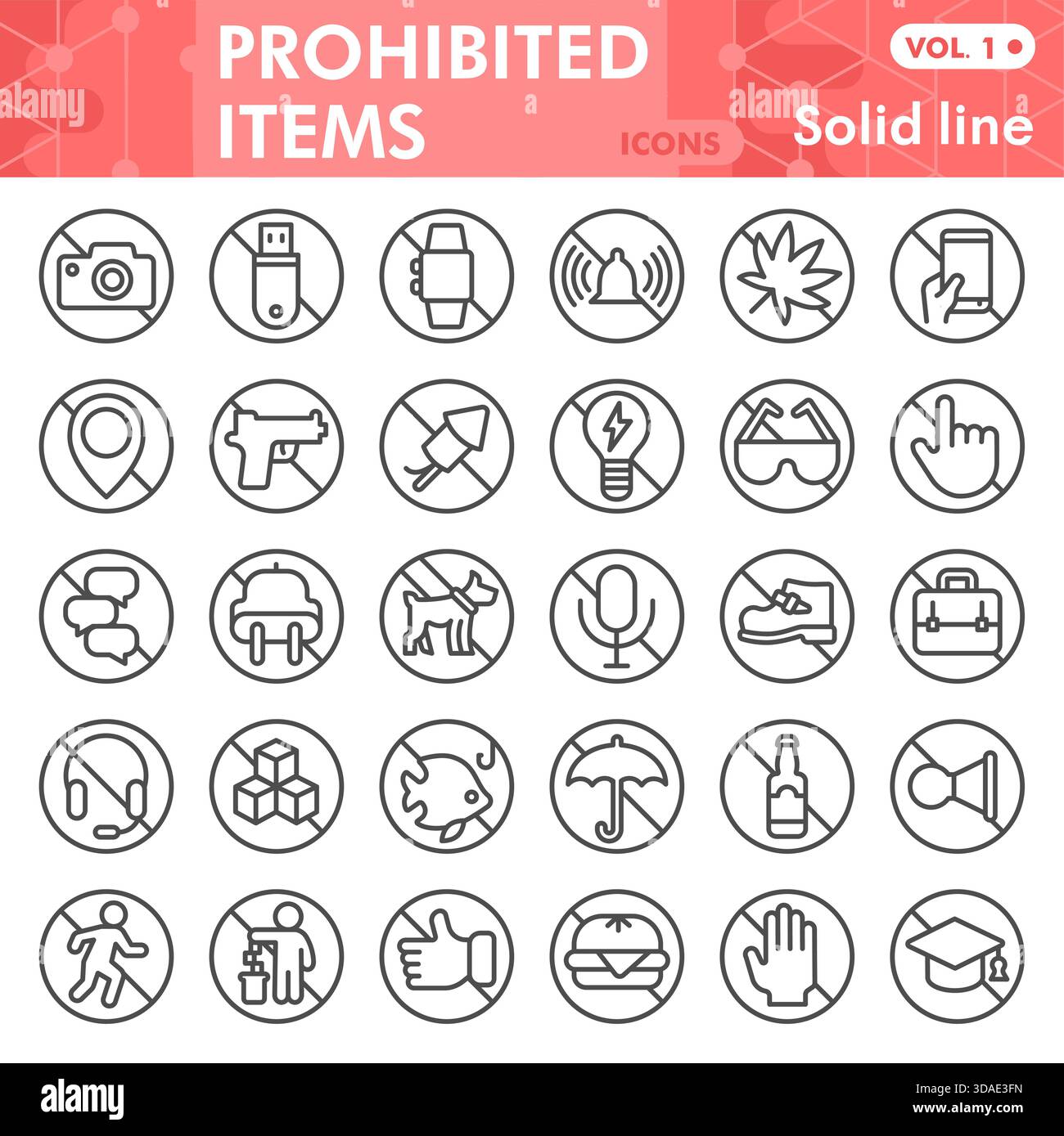 Forbidden acts solid line icon set, prohibited items symbols collection ...