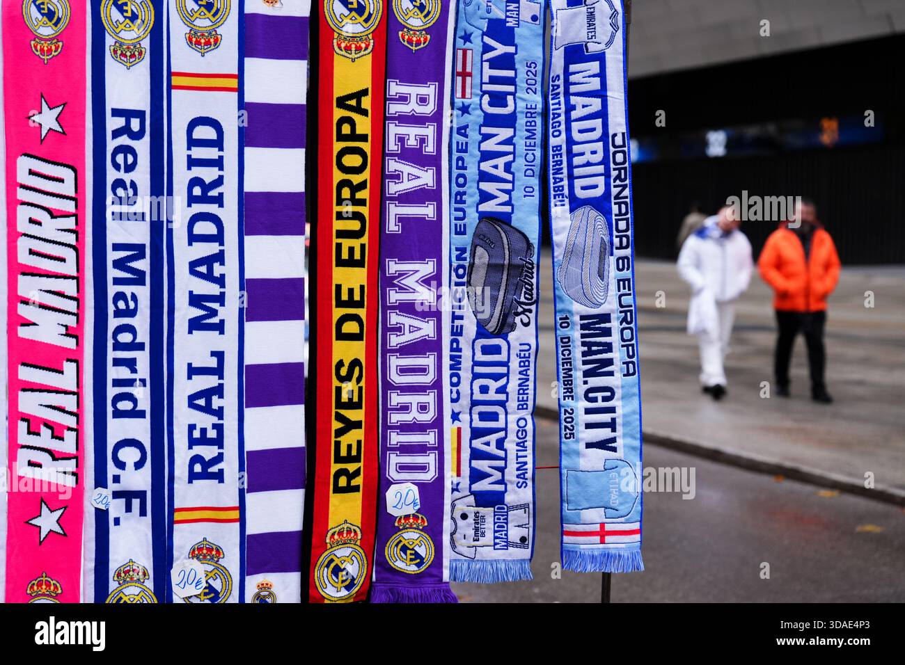 A Real Madrid scarf on a merchandise stall ahead of the UEFA