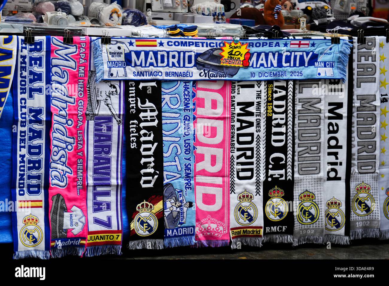 A Real Madrid scarf on a merchandise stall ahead of the UEFA