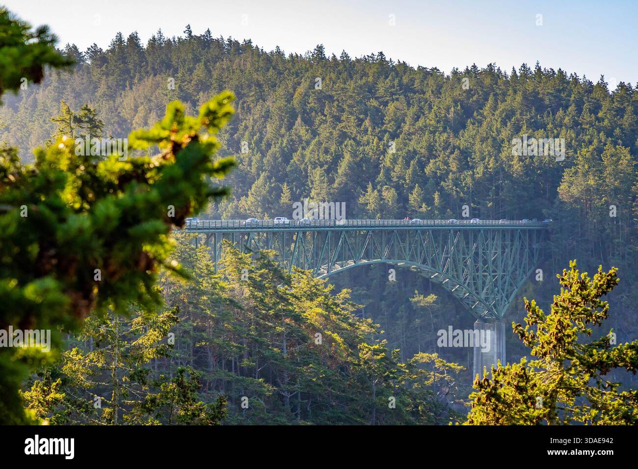 A scenic and iconic view of the Canoe Pass Bridge, one of the two ...